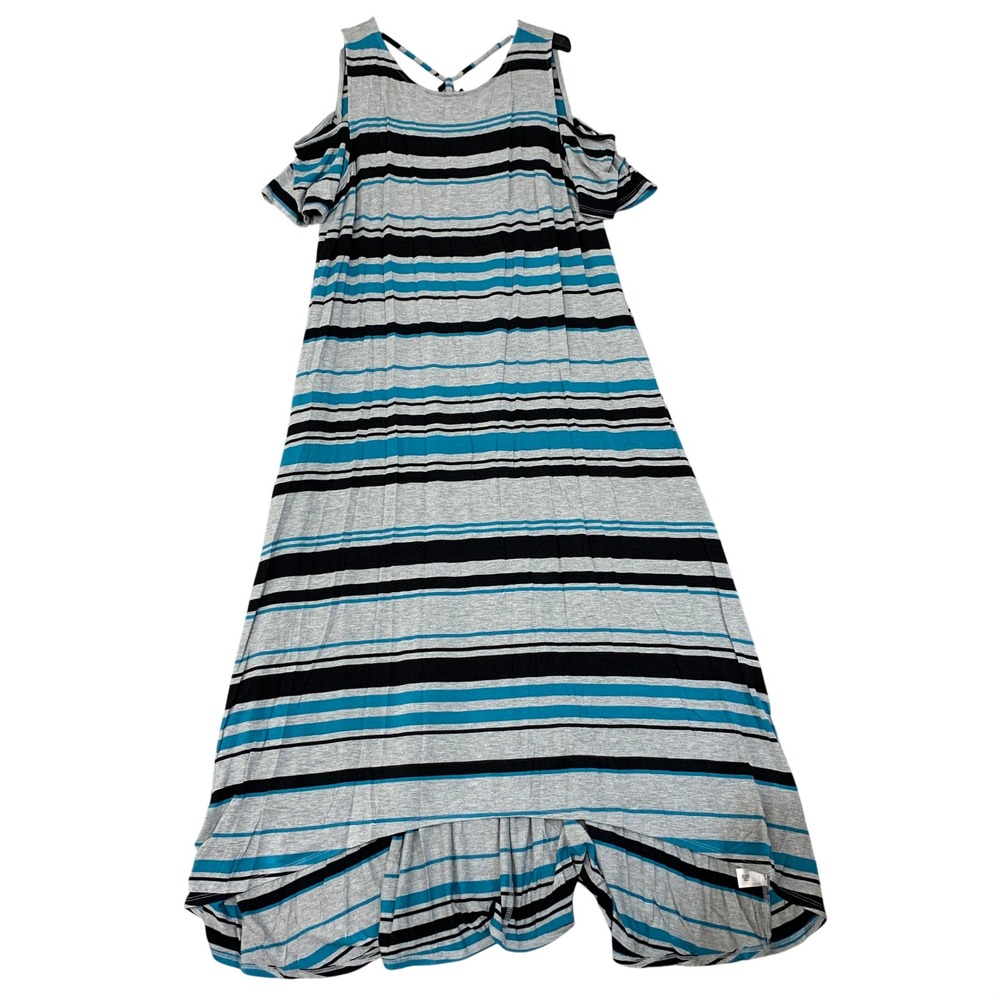 Lane Bryant Women's 14/16 Gray Blue Cold Shoulder Maxi Dress Rayon Striped Tunic